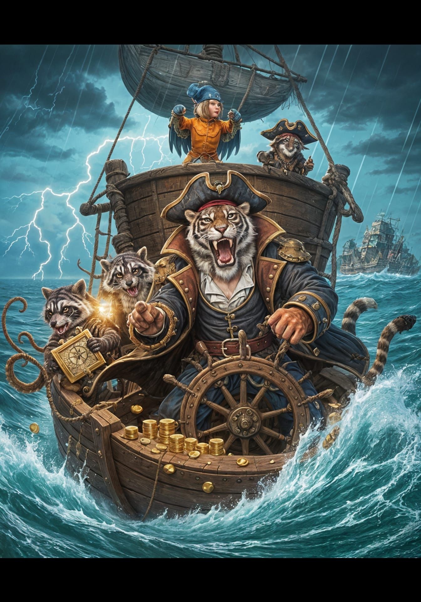 Cartoon Animals as Pirate Crew on Ship