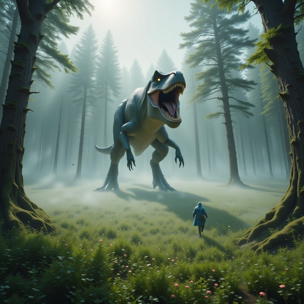 T-Rex Emerges from Foggy Field