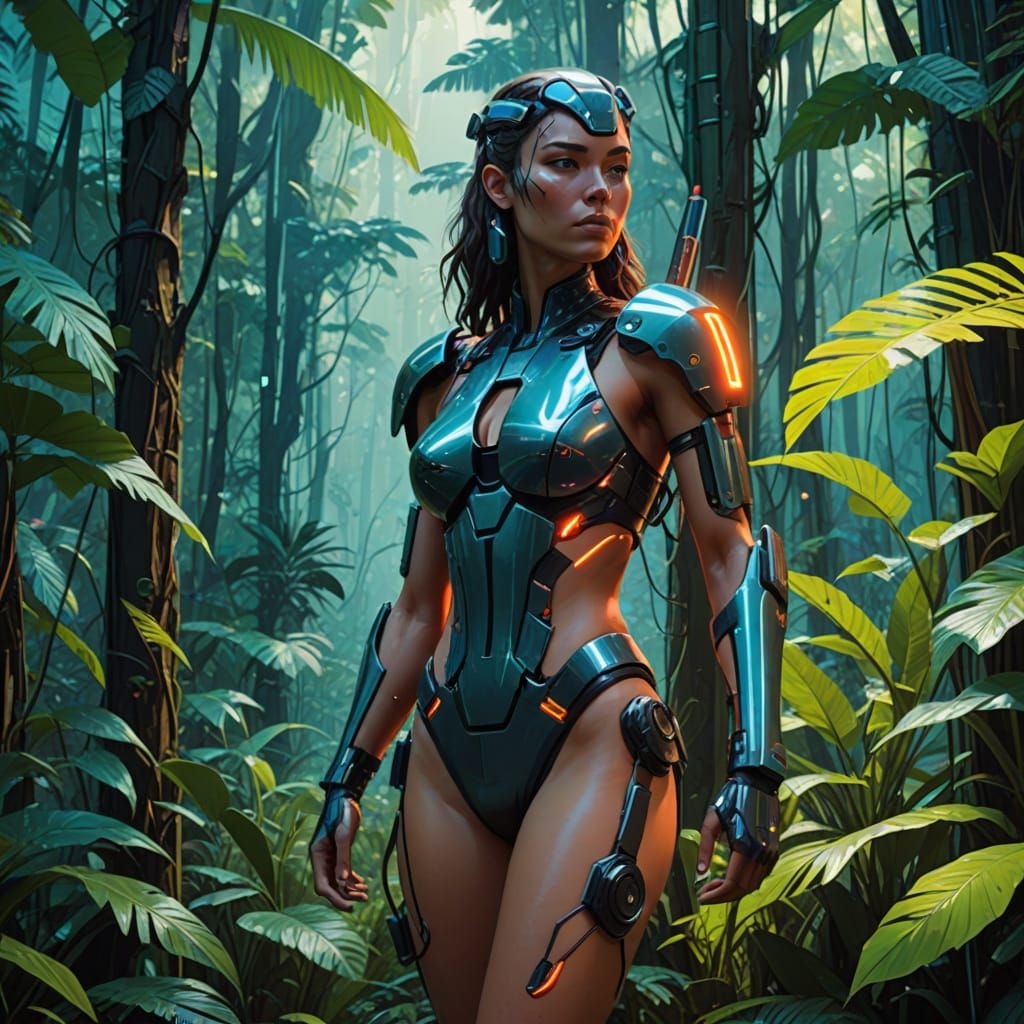 Futuristic Amazonian Warrior in Metallic Bikini