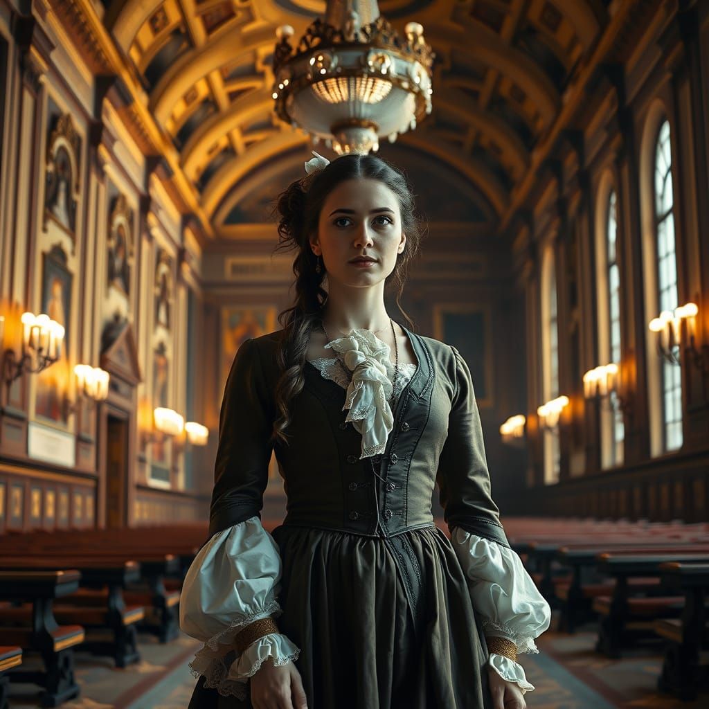 Patriotic Woman in Grand Hall with Golden Light
