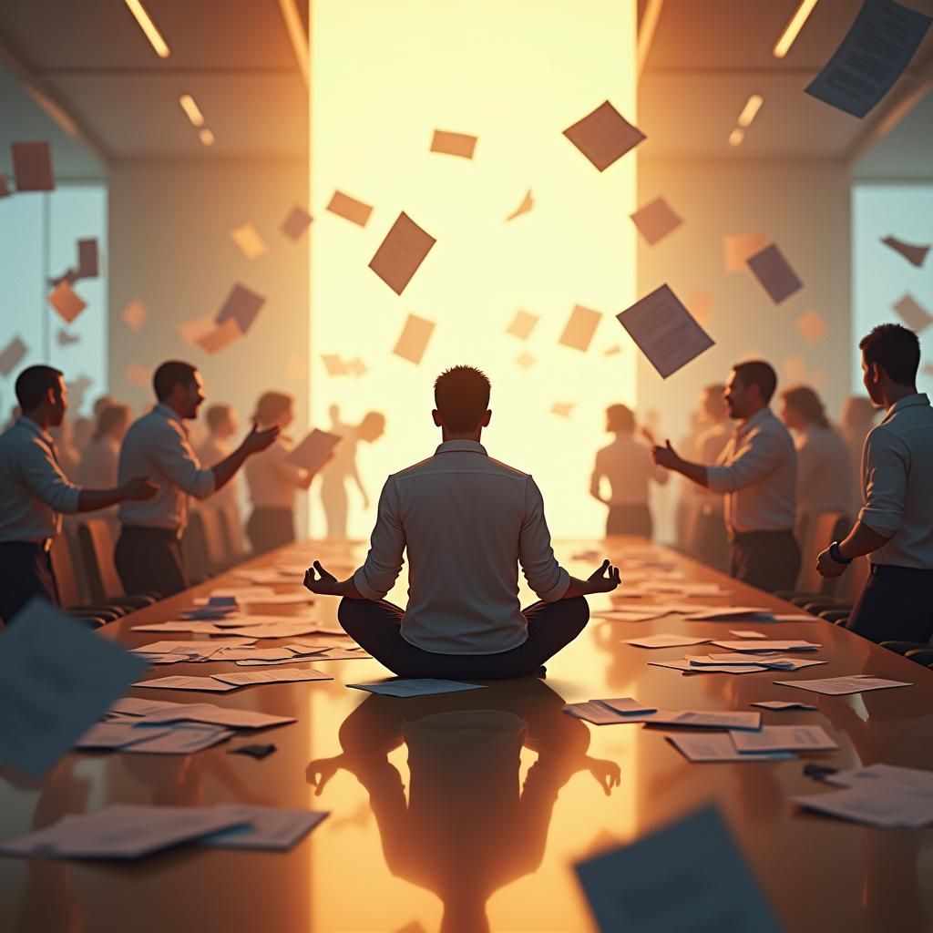 Serene Meditation Amidst Office Chaos in Unreal Engine 5