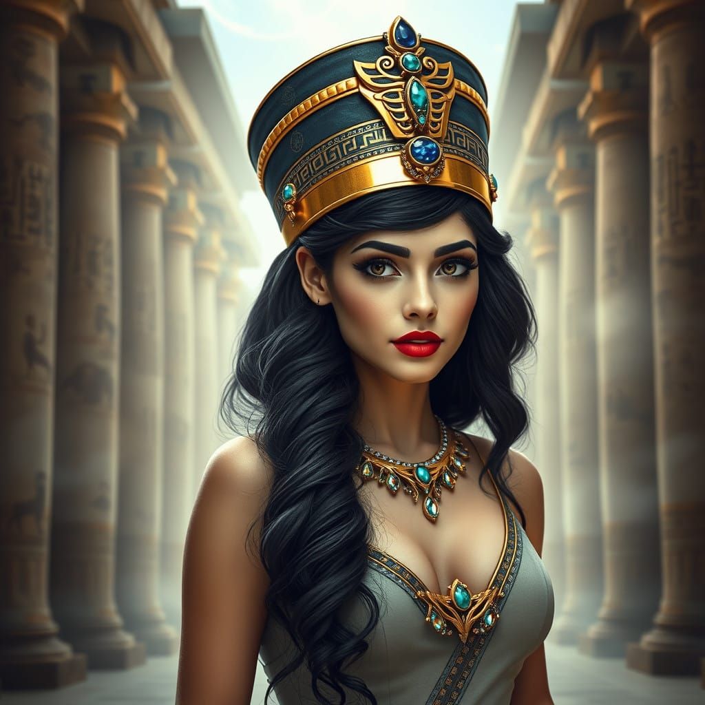 A regal young woman with porcelain skin, dressed in an ancie...