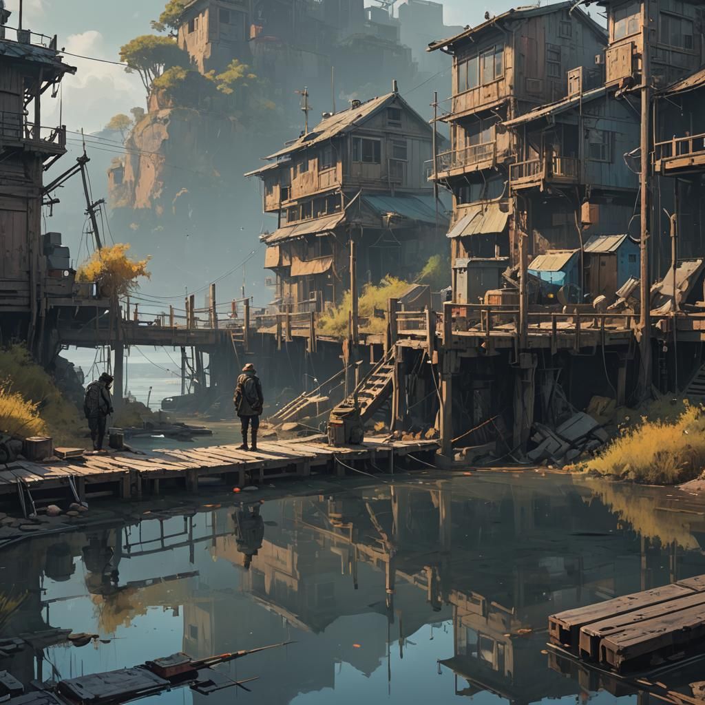 Post-Apocalyptic Fisherman at Ruined Dock: Steampunk Art