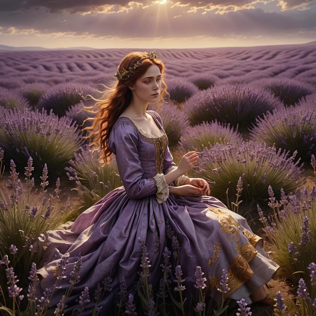 Surreal Pre-Raphaelite Landscape with Blooming Lavender and....