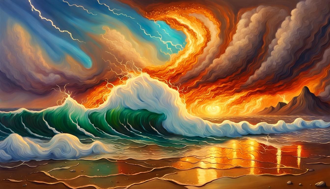 Fiery Fantasy Beach with Melting Oil Waves