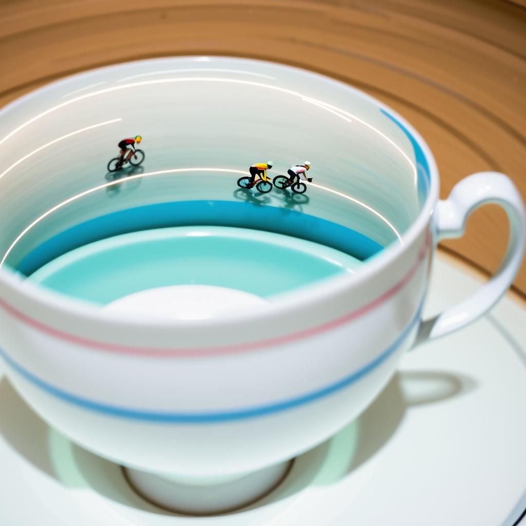 Cyclists Racing on a Velodrome Inside a Teacup