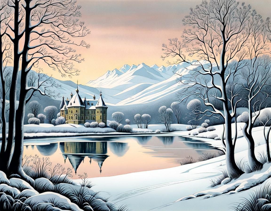 Victorian Winter Landscape Illustration with Frozen Lake