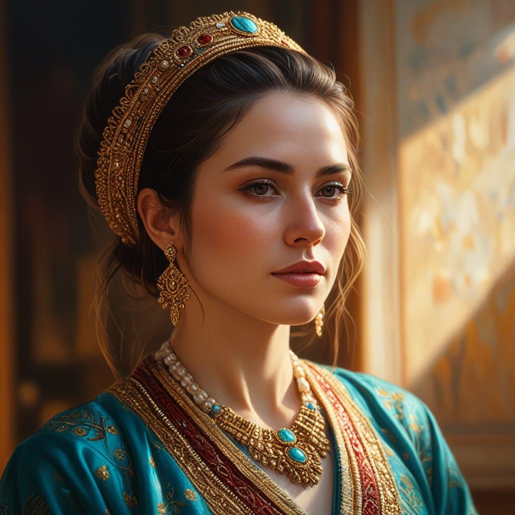 Hyperrealistic Oil Painting of Woman with Golden Light