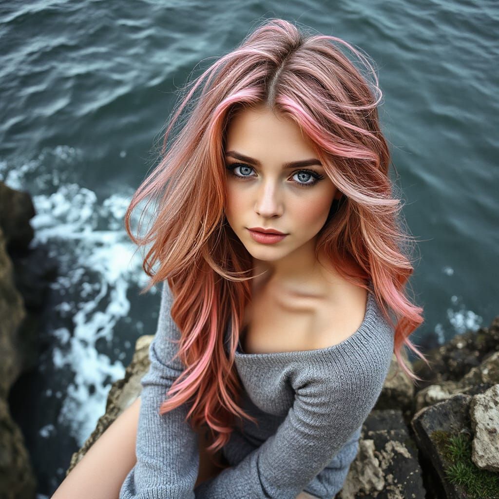 Hyperrealistic Woman with Pink Hair on Cliff