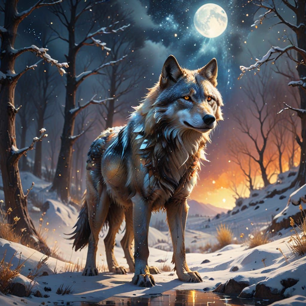 Wolf Under Starry Sky: A Watercolor Painting