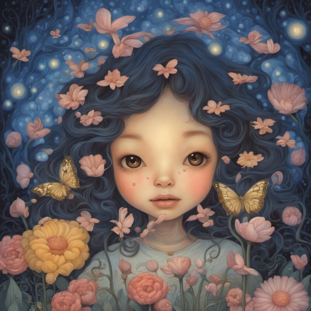 Fireflies in a Surreal Smiling Flower Garden