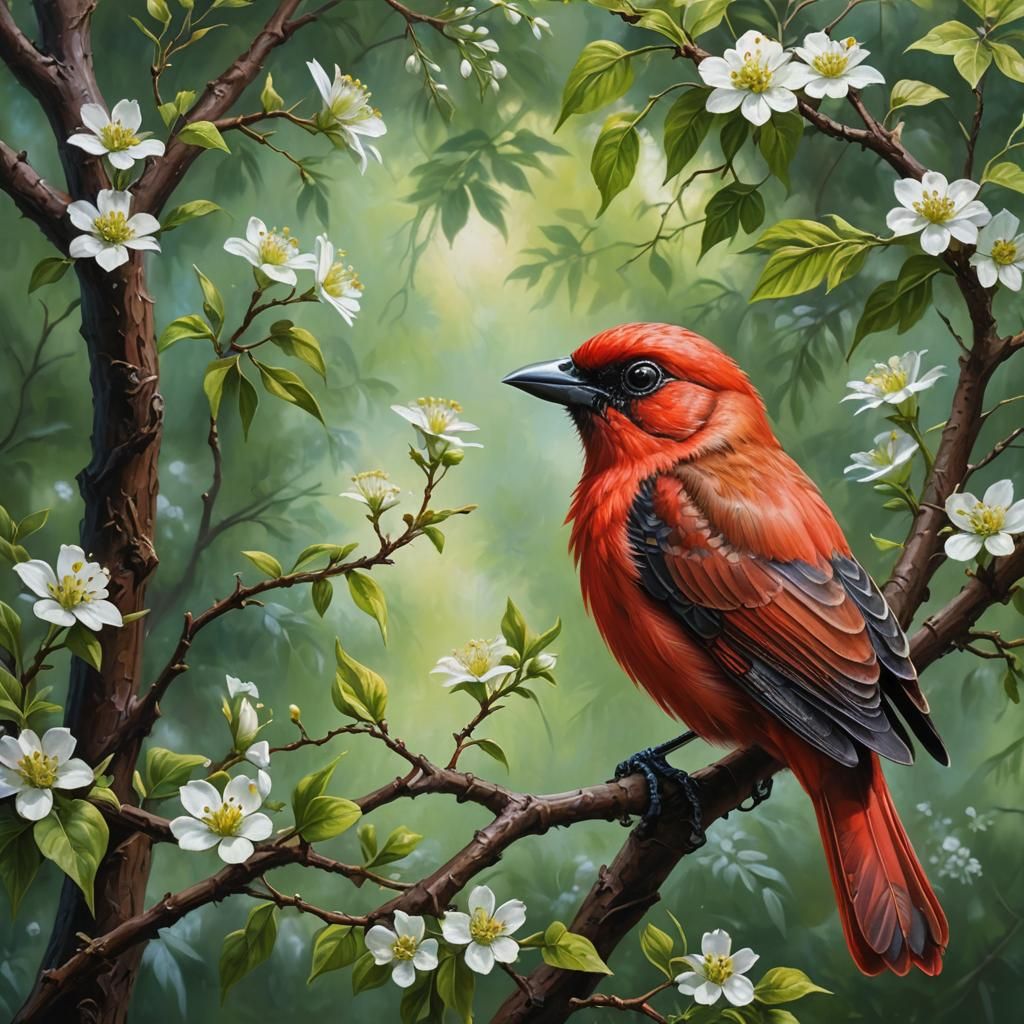 Vibrant Red Bird on Alien Tree, Oil Painting
