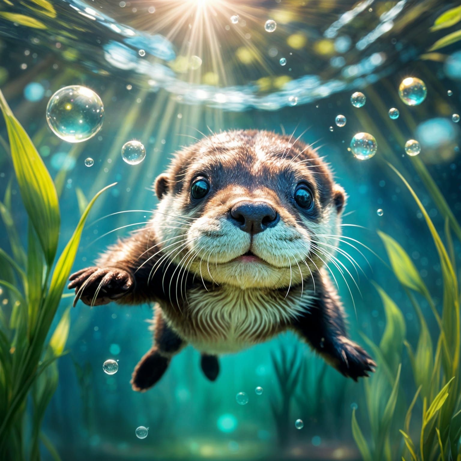Enchanted Otter Pup Swimming in Magical Pond