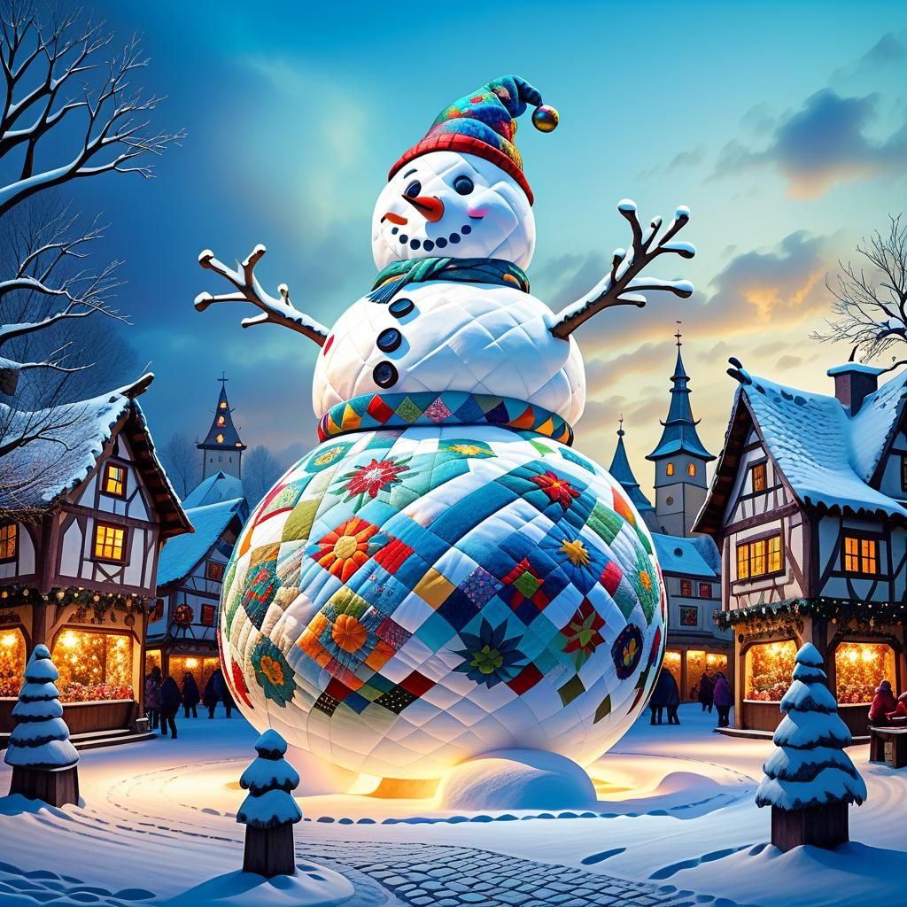 Giant Patchwork Snowman in Mythical Village Square