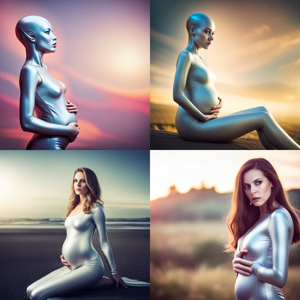 Pregnant Alien Portrait in Silver Catsuit
