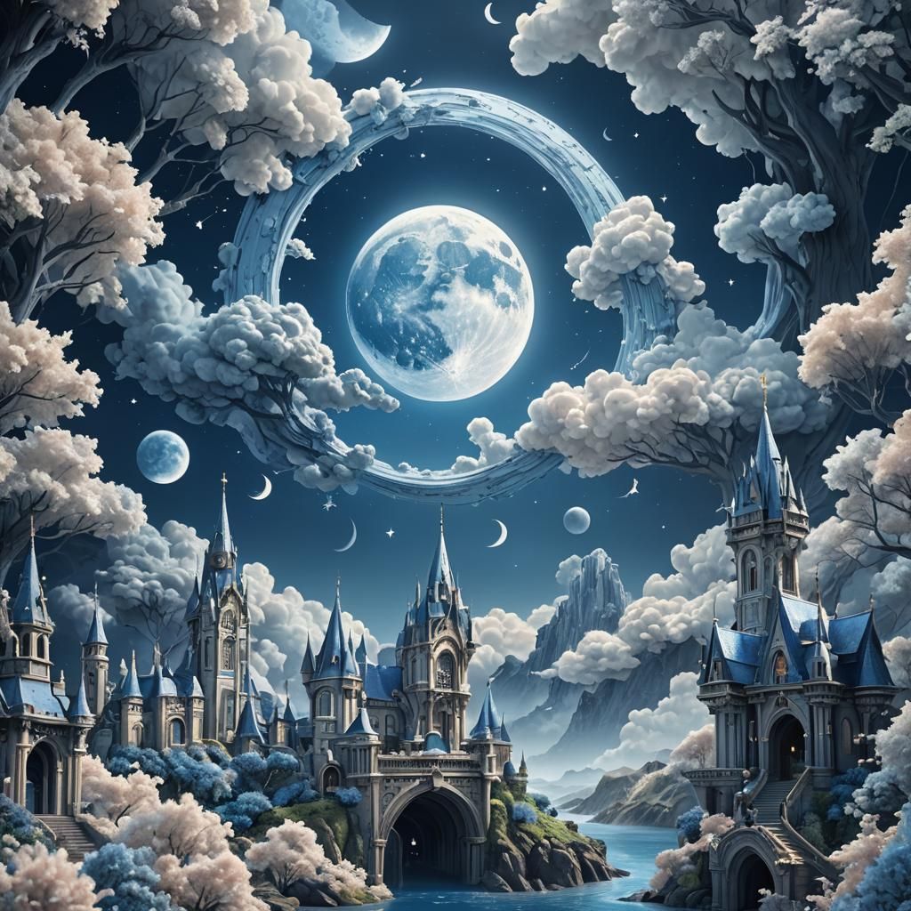 Fantasy Moonscape in Blue and Ivory: 8K Art