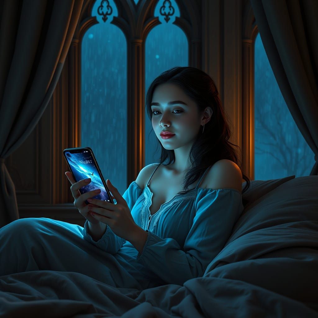 Cozy Woman Amidst Gothic Window and Nightly Rain, in Cyberpu...