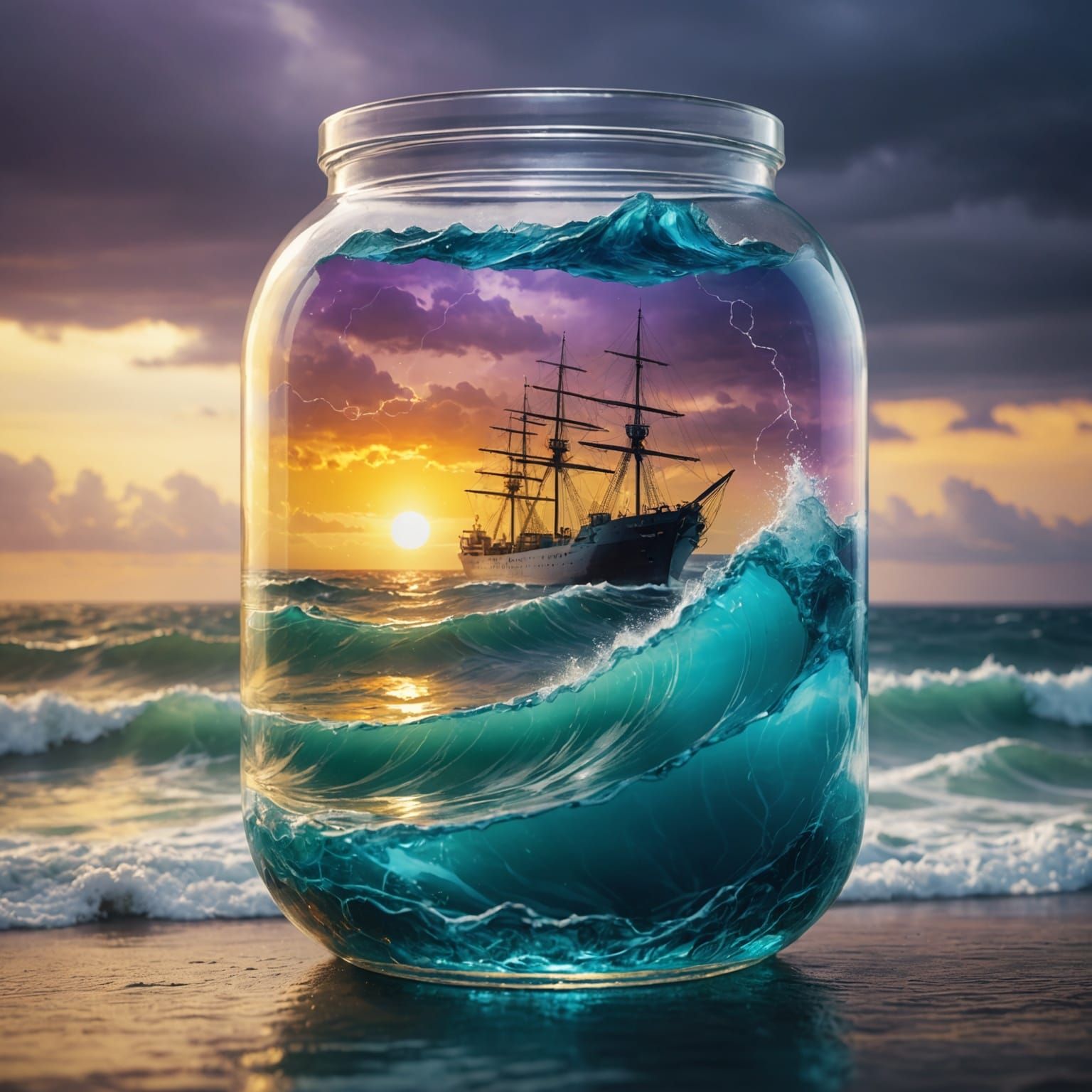 Stormy Sea in Glass Bottle, Watercolor Style