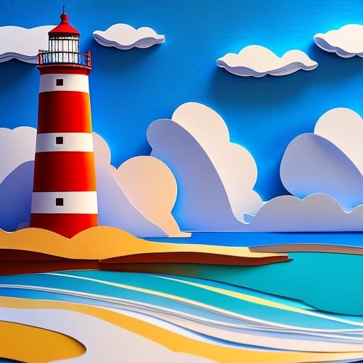 Colorful Paper Cutout Seascape with Lighthouse