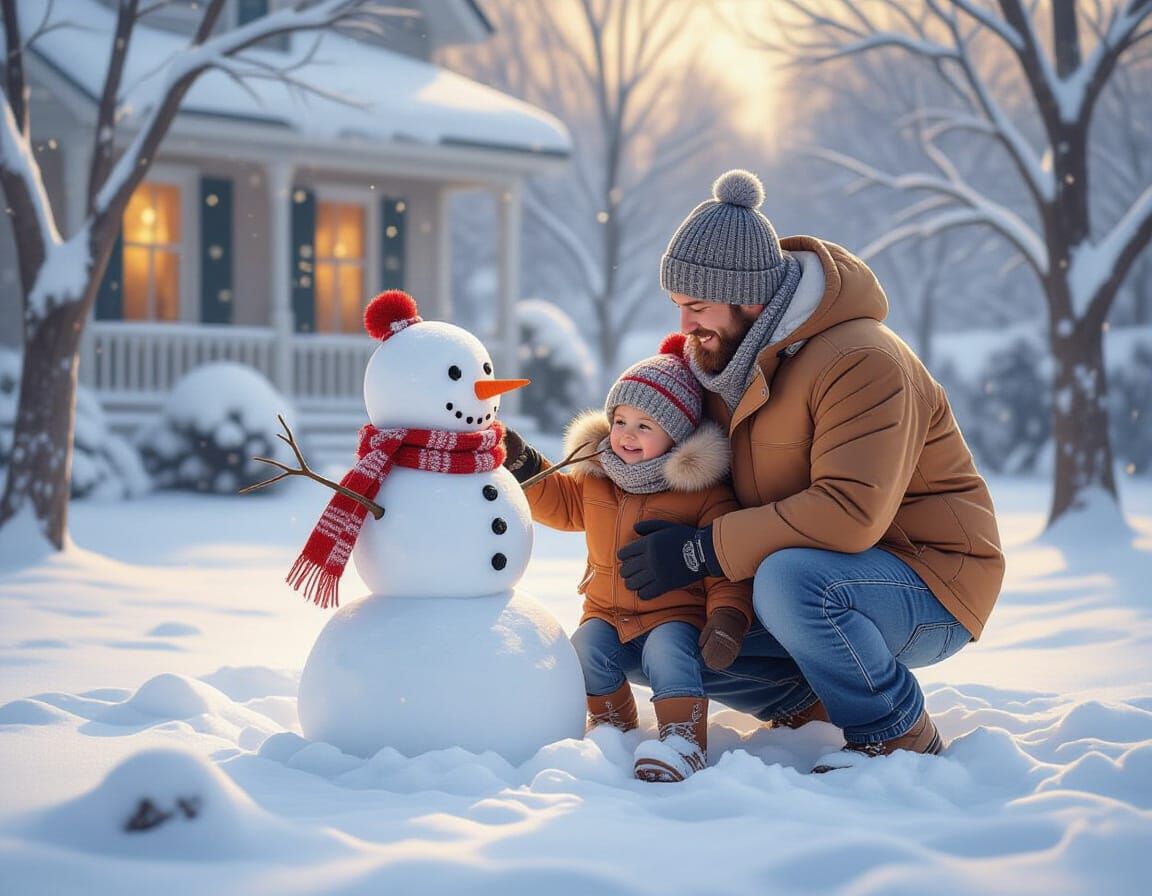 Cozy Father and Child Build Snowman in Winter