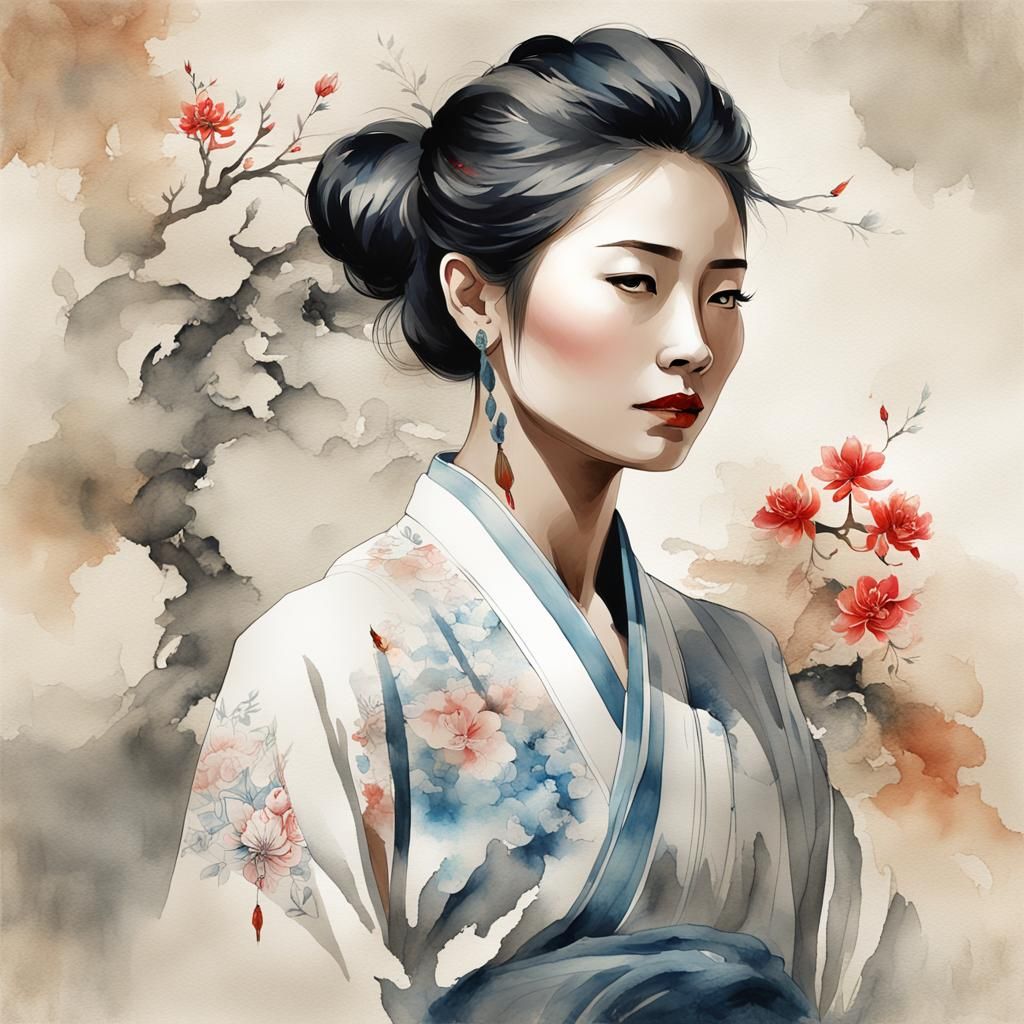 Tattooed Woman in Digital Watercolor Masterpiece