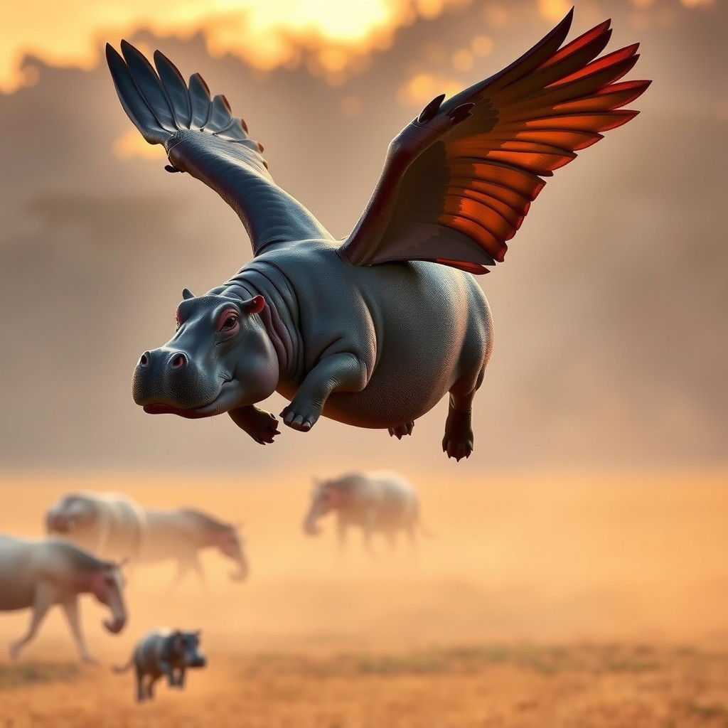 Majestic Flying Hippopotamus Over Misty Savannah