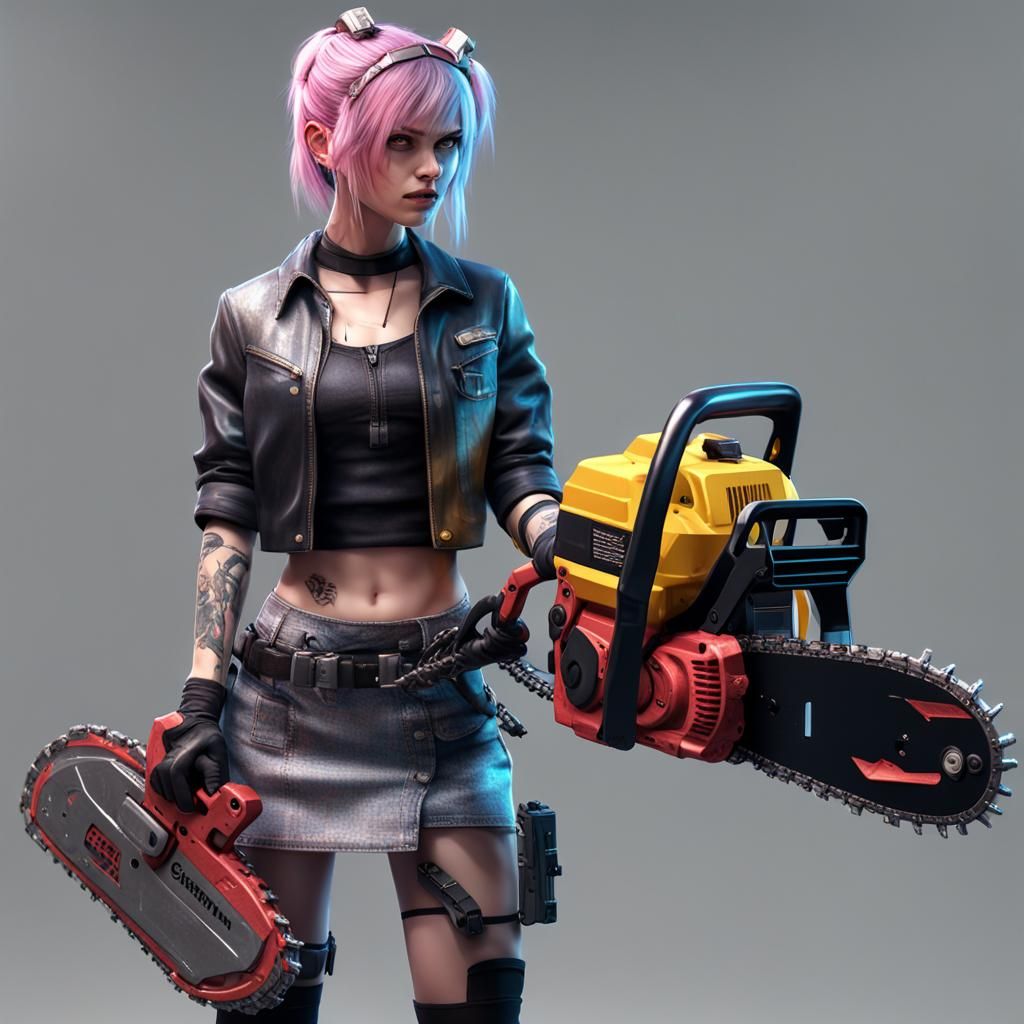 a woman in a skirt holding a chainsaw