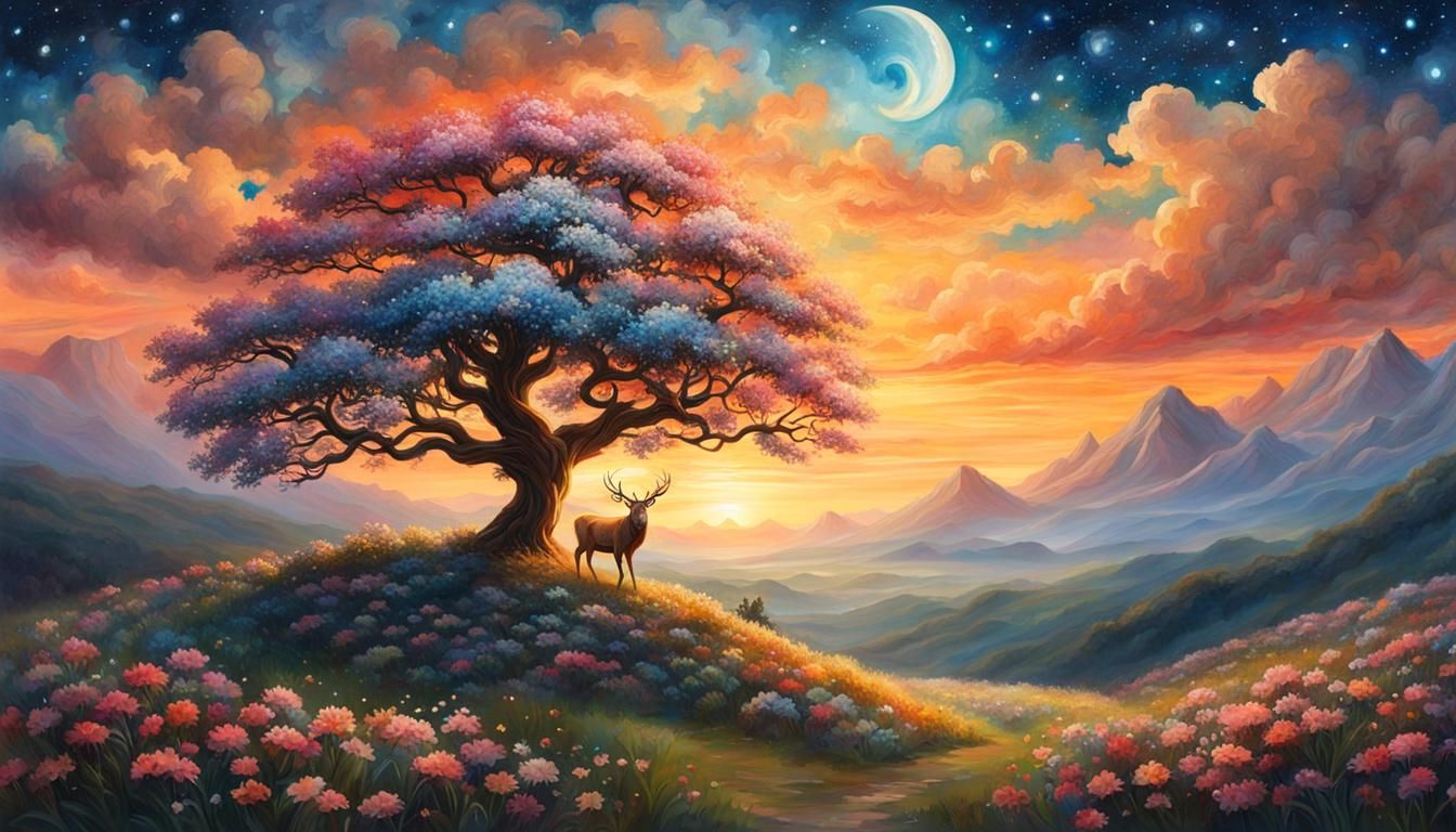Majestic Stag and Flowering Tree Under Starry Sky