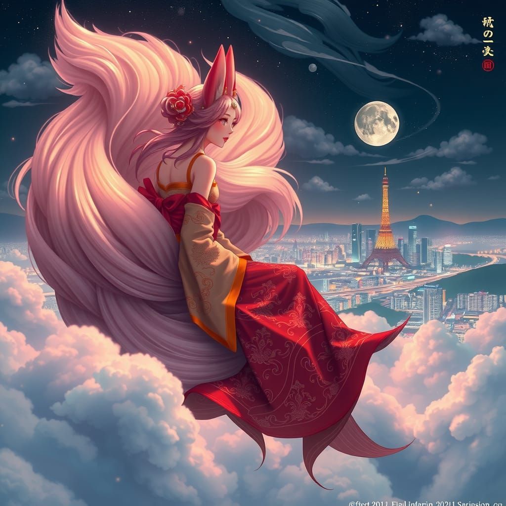 Elegant Kumiho Overlooking City at Night