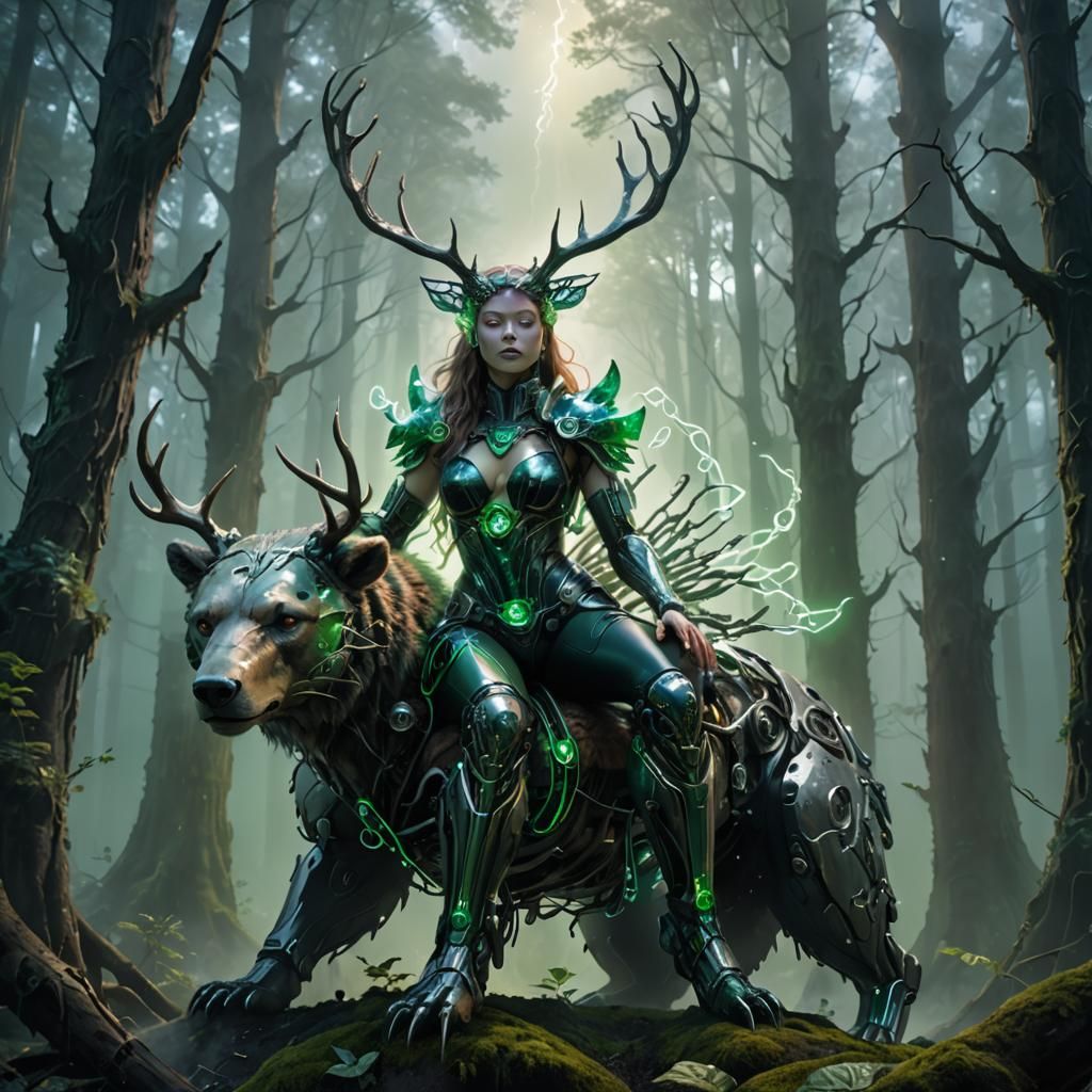 Cyborg Goddess on Cyberpunk Bear in Ethereal Forest