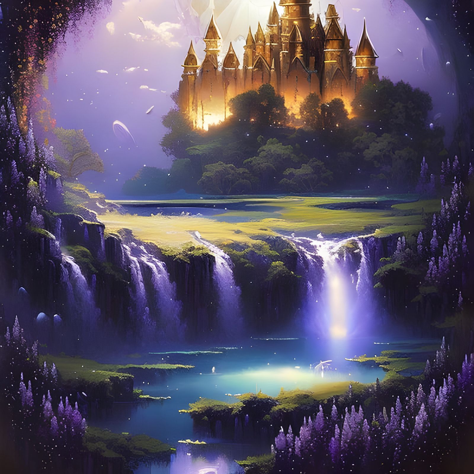 Fantastical Castle Under Cosmic Sky with Flowery Arch