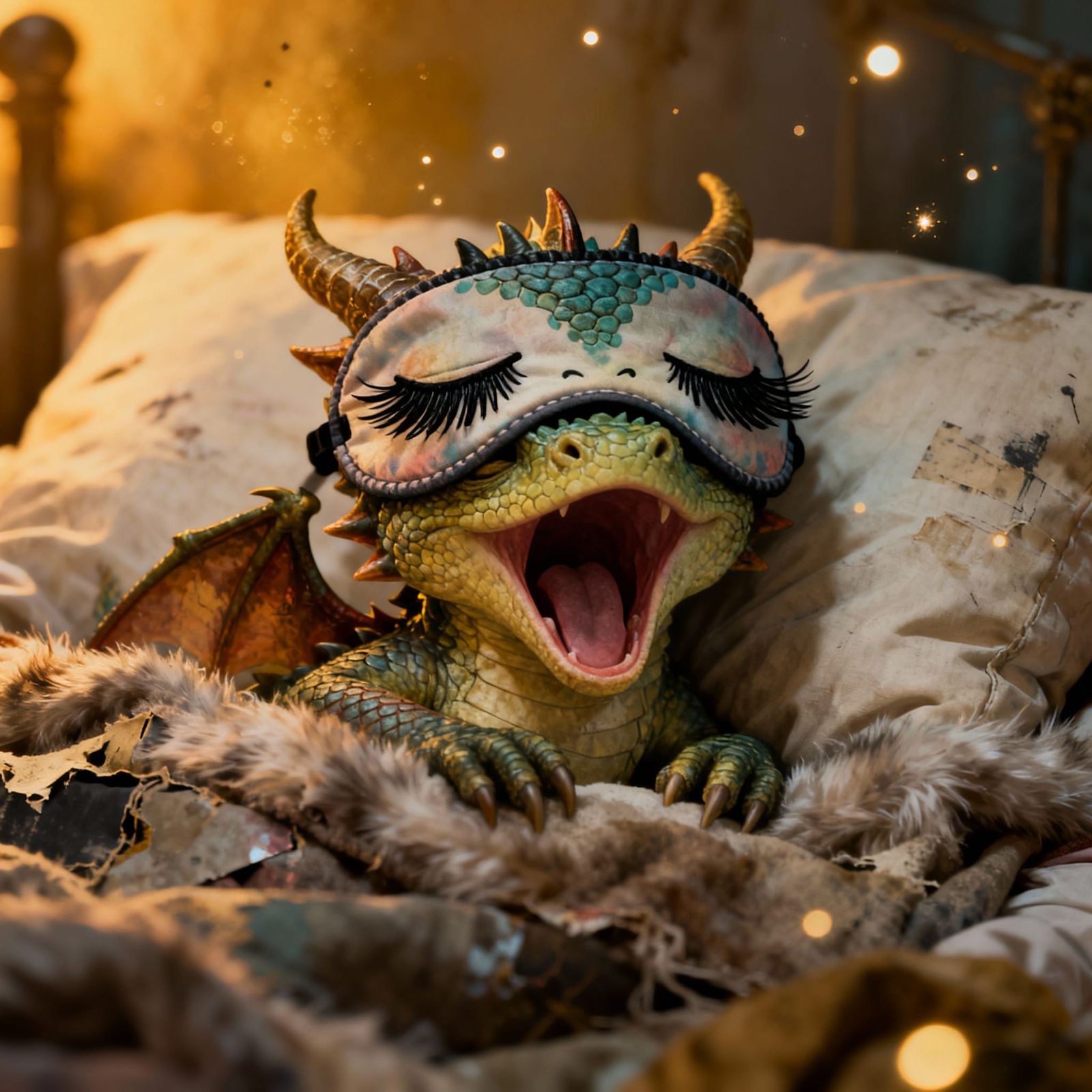 Baby Dragon Slumbers in Cozy Bed with Sleep Mask