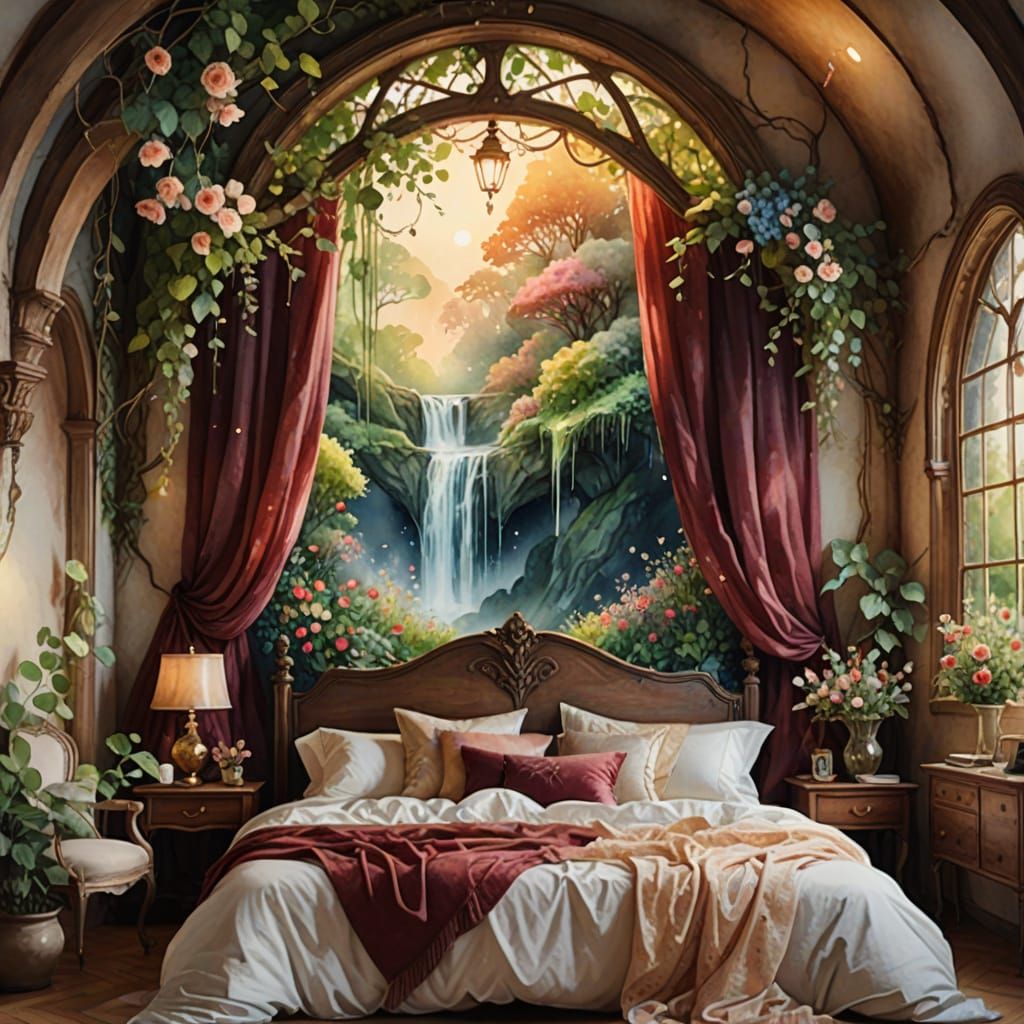 Enchanted Bedroom Portal in Watercolor Style