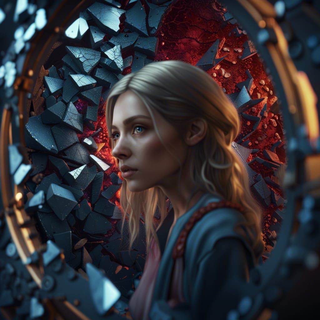 Girl Gazing into Shattered Mirror: Fantasy Concept Art