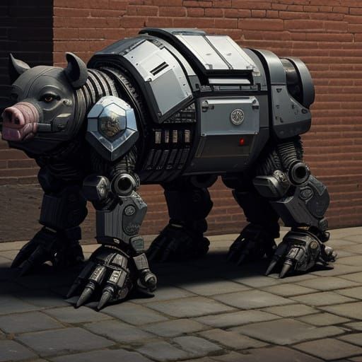Spacecore aetherpunk robotic death pig outside a fortress of bricks confronting a robotic death Big Bad Wolf.