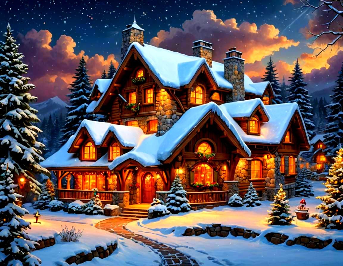 Snowy Mountain Home in Kinkade Style