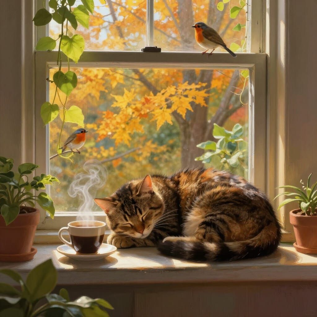 Cozy Cat Napping in Sunlit Window with Fall View
