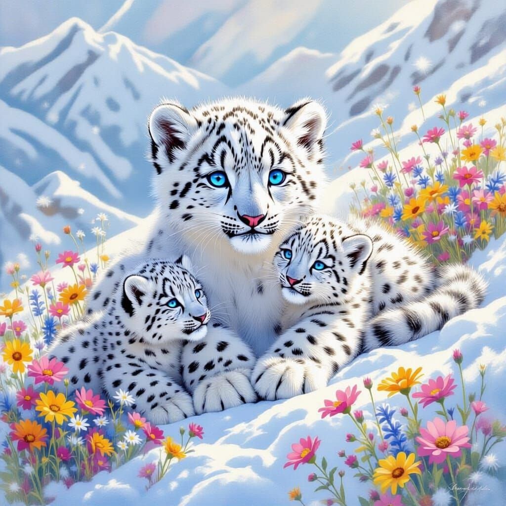 Snow Leopard Cubs Play in Arctic Bloom