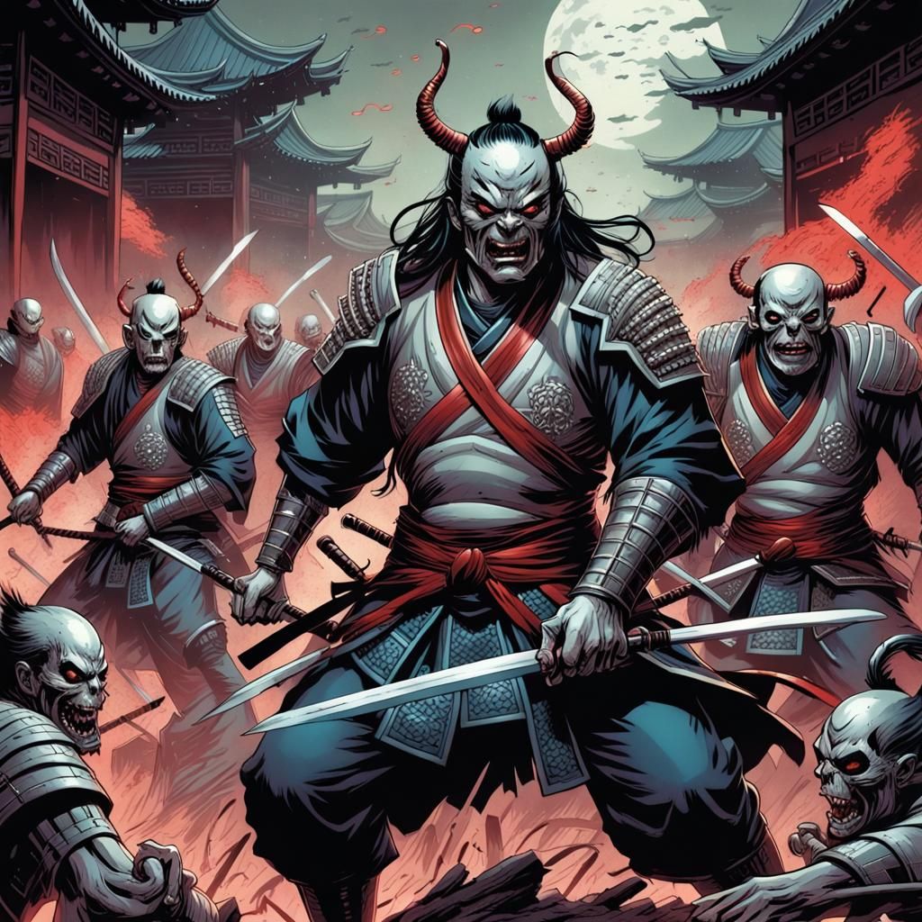 Samurai Battles Ghouls in Comic Book Style