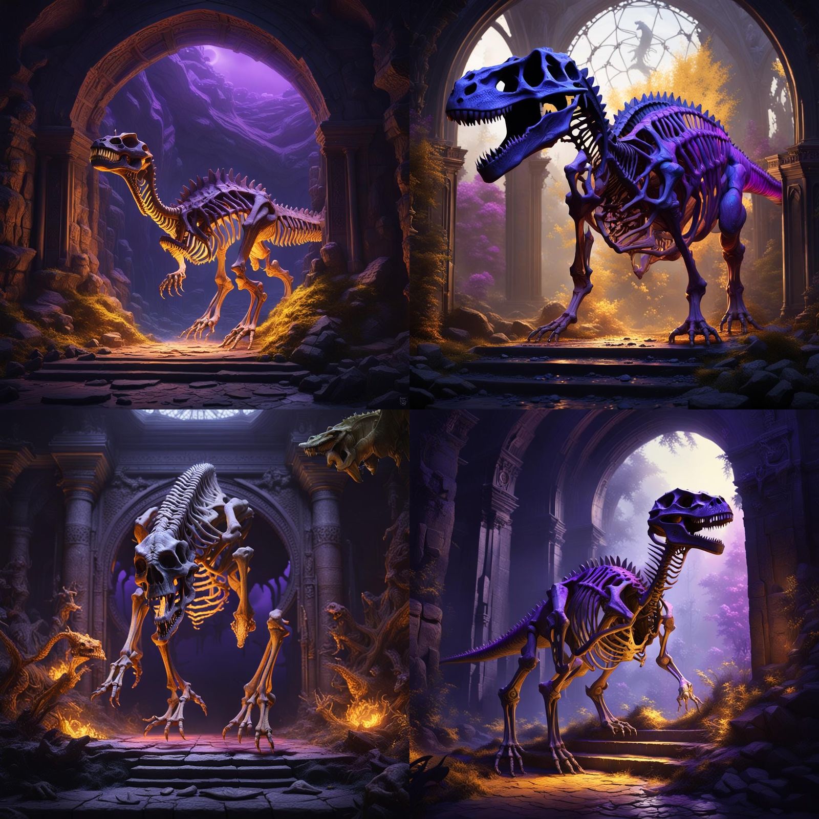 Dinosaur Skeleton Resurrection via Portal: Dark Fantasy Art