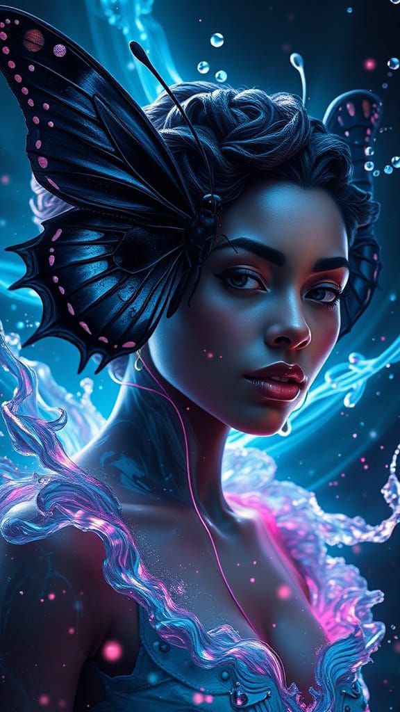 Black Butterfly Portrait in Cream Storm, Art Nouveau Style