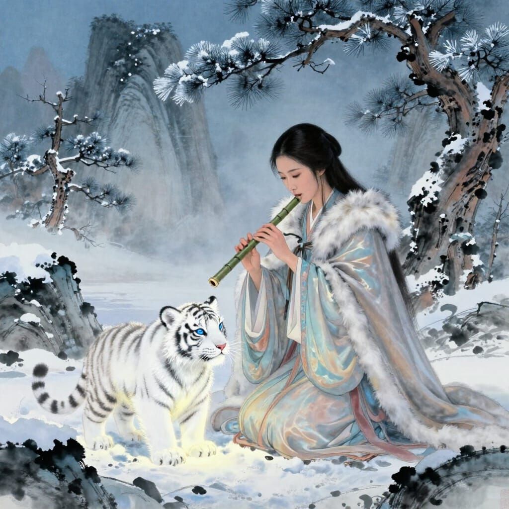 Asian Woman Meets Ethereal Tiger Cub in Snowy Landscape