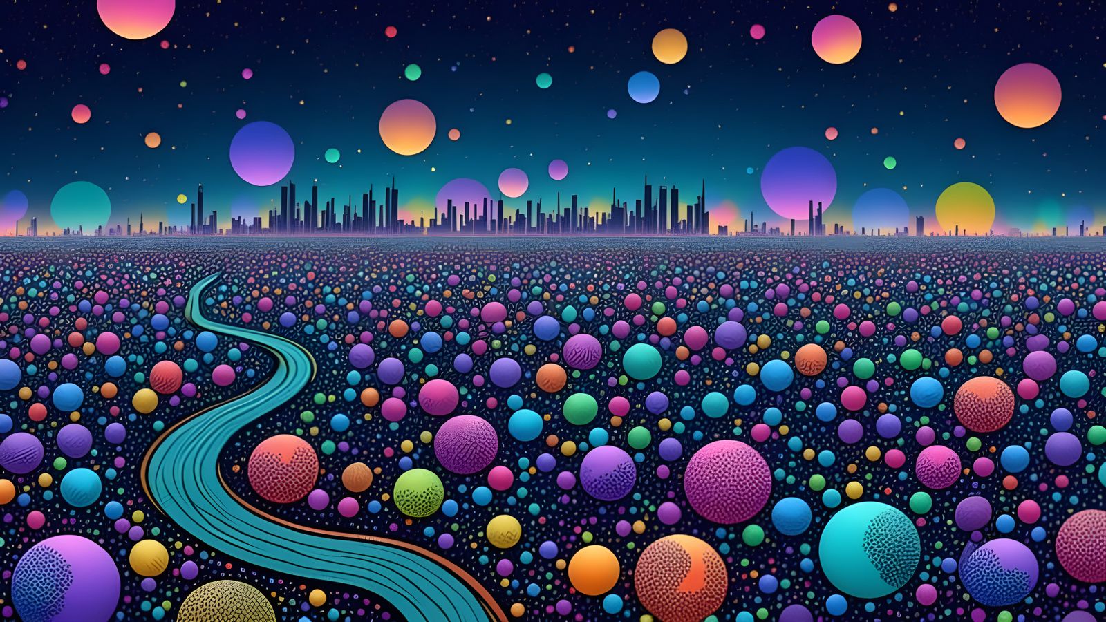 Cosmic City with Kinetic Sculptures and Flowing River