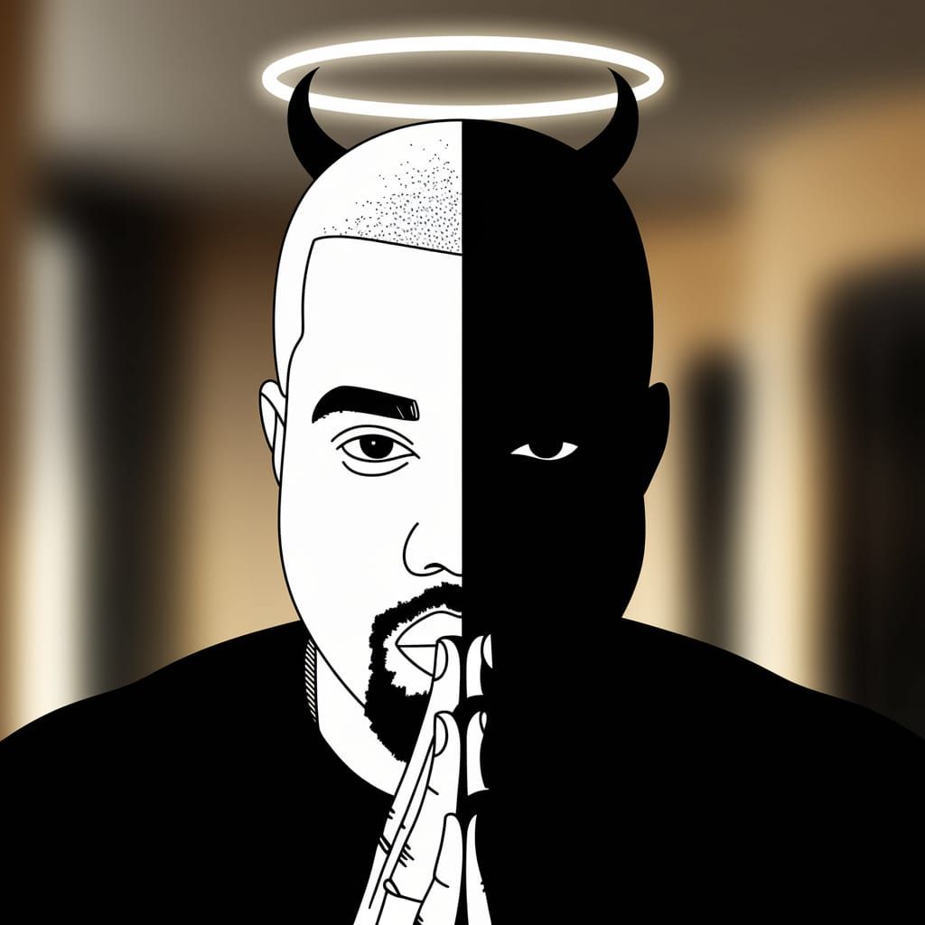 Kanye West in Duality, Split-Toned Portrait in Black and Whi...