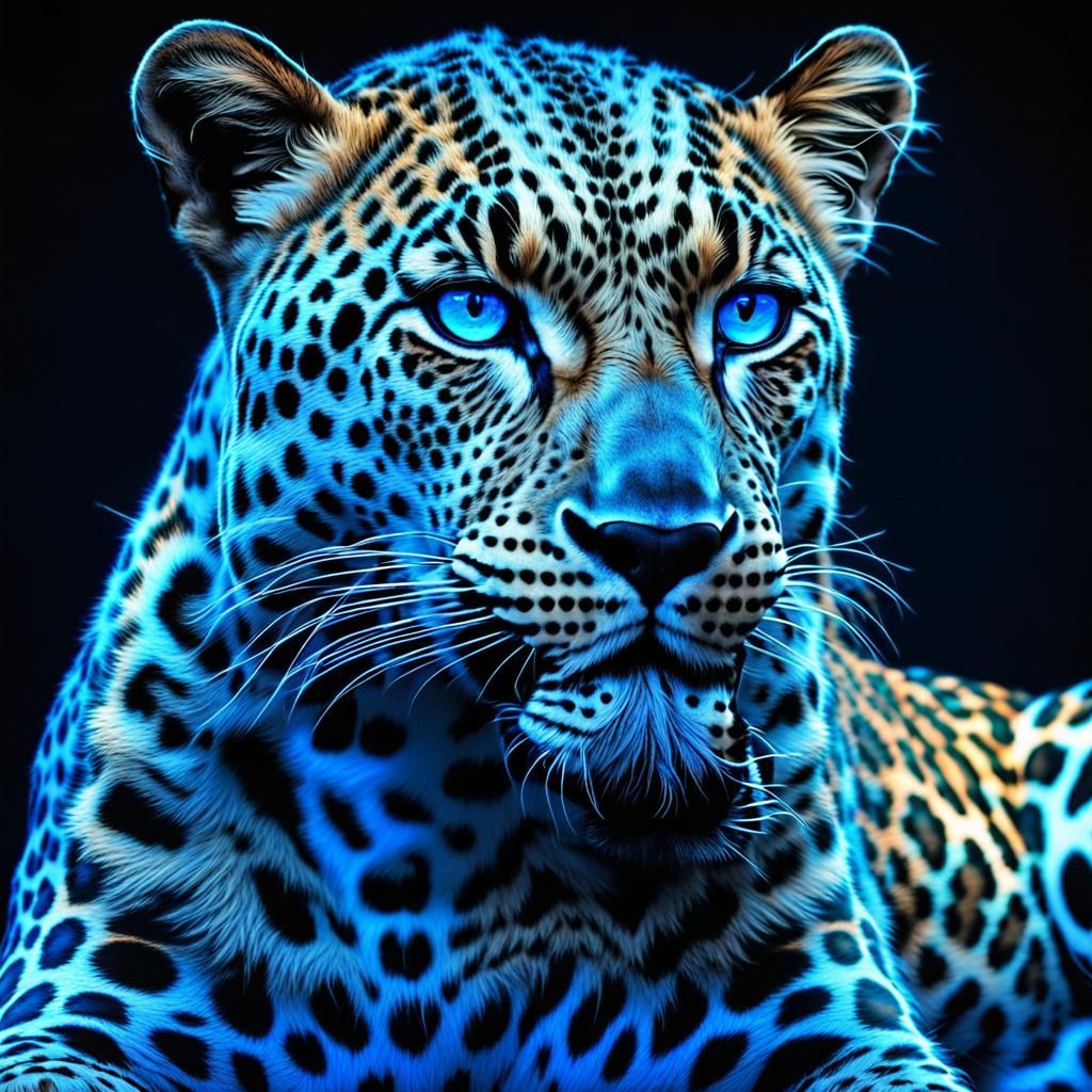 a full body leopard that is glowing blue in the dark, 🔥 😎 ...