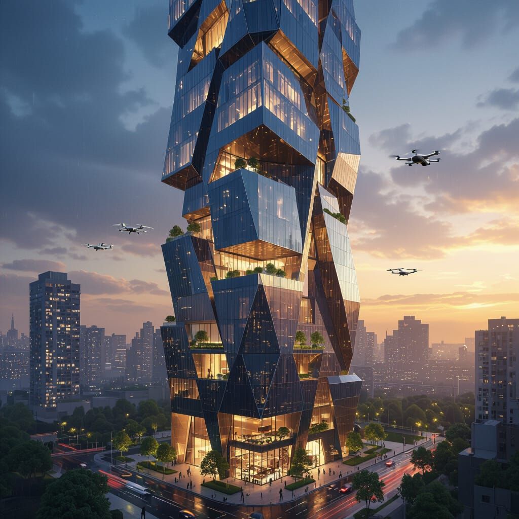 Futuristic Skyscraper in Vibrant Rainy Cityscape