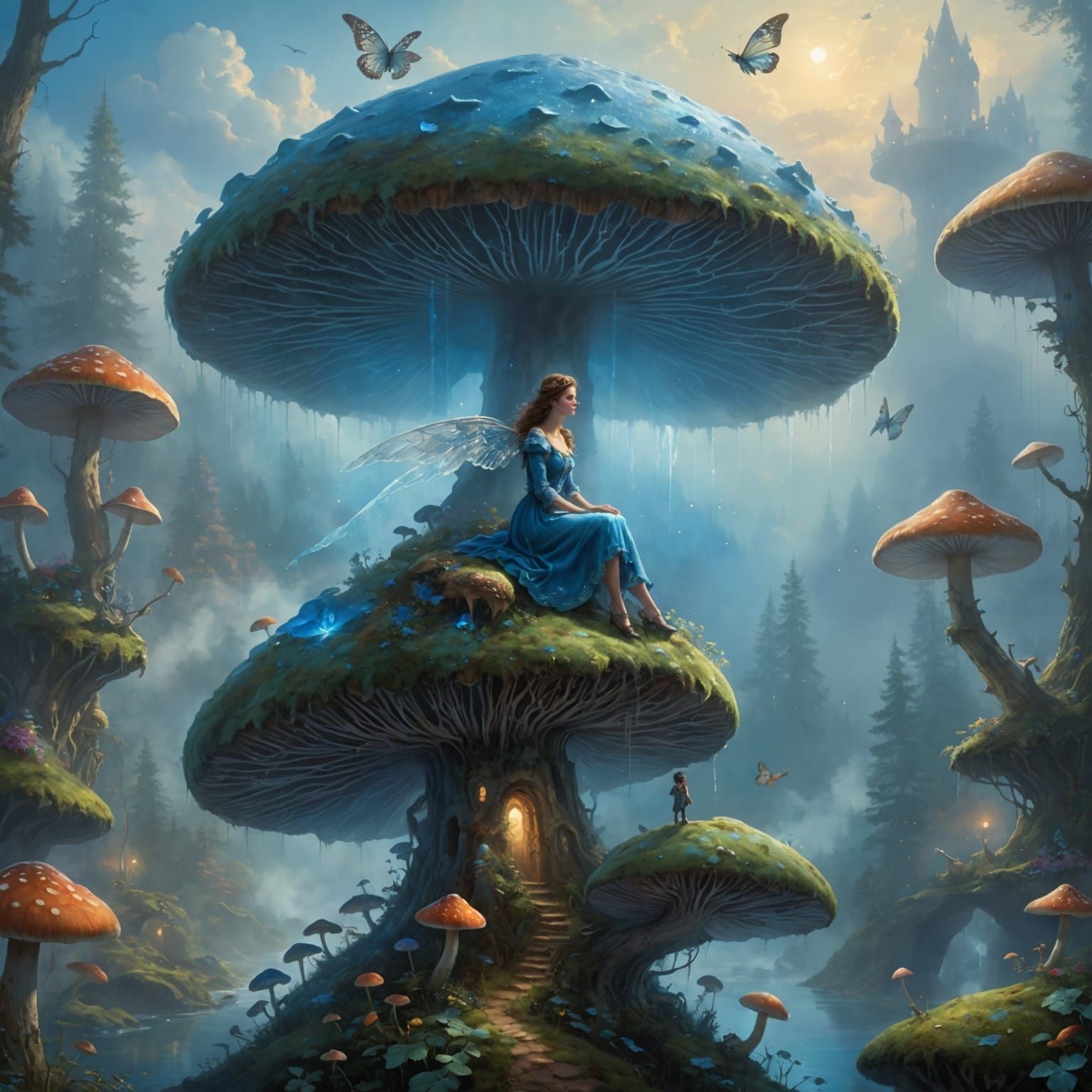 Sad Blue Fairy on Mushroom, Ethereal Art