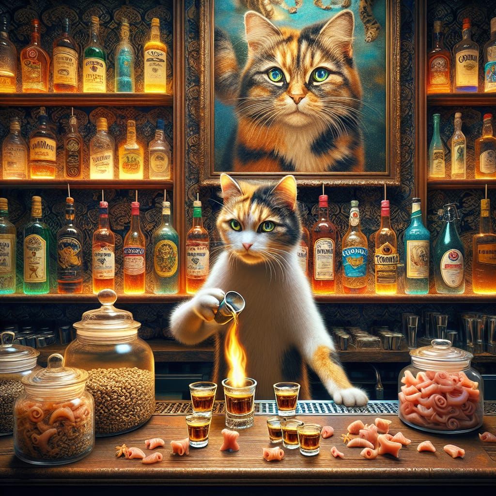 Calico Cat Bartender Mixing Catnip Drinks