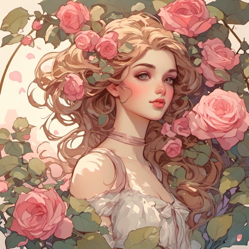 Art Nouveau Rose Garden with Pink-Haired Woman