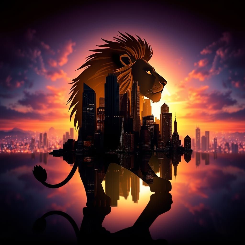 Miniature City in Lion Silhouette, Golden Hour Glow